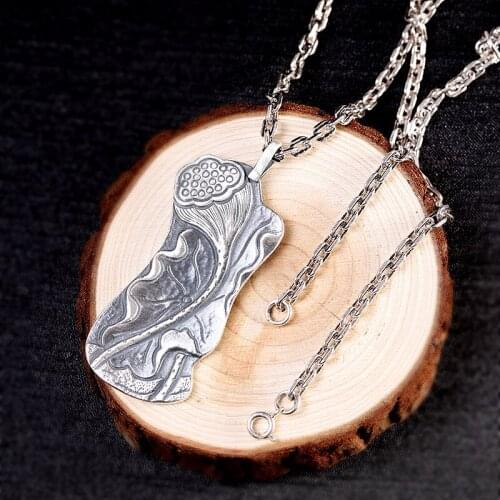 Deformed Square Pendants for Women men Ethnic Thai Silver Lotus Leaf Necklaces NO Chains Vintage 925 Silver Lotus Jewelry