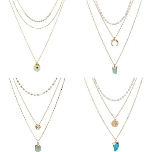 Multilayer Necklace for Women Moon Pearl Natural Stone Pendant Chain Women Necklace Bohemian Jewelry Wholesale