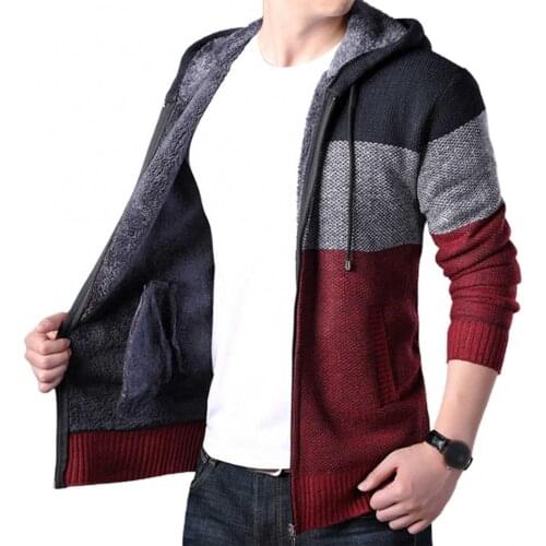 Men Hood Coat Plush Liner Color Block Autumn Winter Long Sleeve Zipper Men Slim Jacket Plush Warm Jacket Outwear