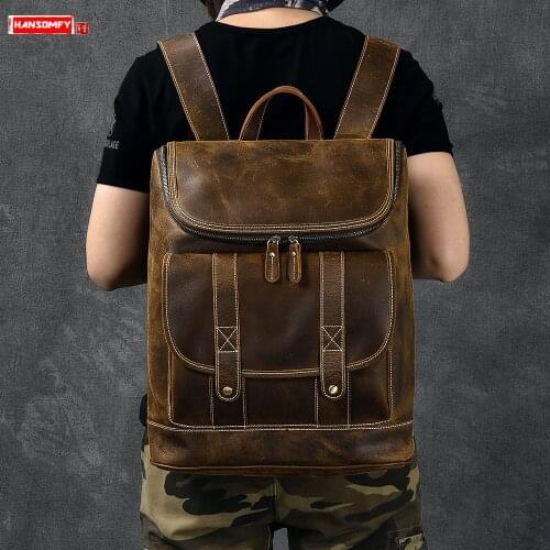 Mens Backpack Men Leather Travel Backpacks Male Computer Bag Large Capacity Retro Crazy Horse Leather First Layer Leather