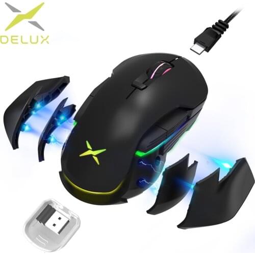 Delux M627 Gaming Mouse Sensor Wired + Wireless RGB 1600 DPI 8 Button Left And Right Arm Of DIY Flank