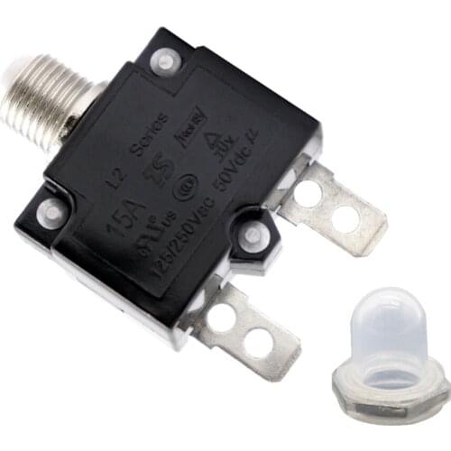 15 Amp Circuit Breaker Push-Button Reset with Quick Connect Terminals and Clear Waterproof Button Cover