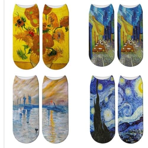3D Printed Oil Painting Pattern Short Socks For Women Van Gogh Famous Art Autumn Summer Unisex Funny Happy Crew Socks Girl Gift