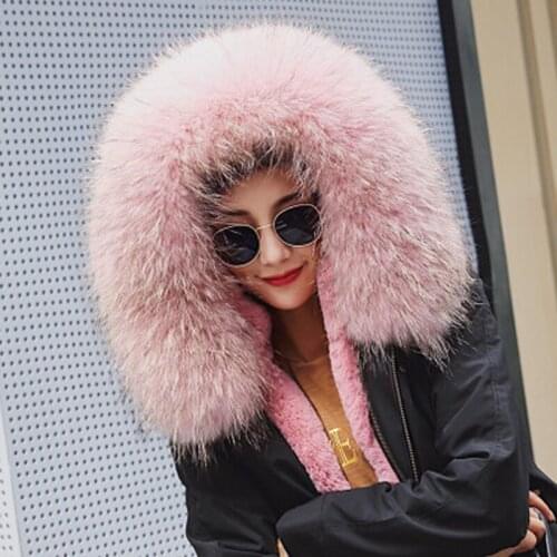 New Long Real Raccoon Fur Collar Scarf Women & Men Spring Winter Warm Solid Parka Coat Shawls Lining 70cm