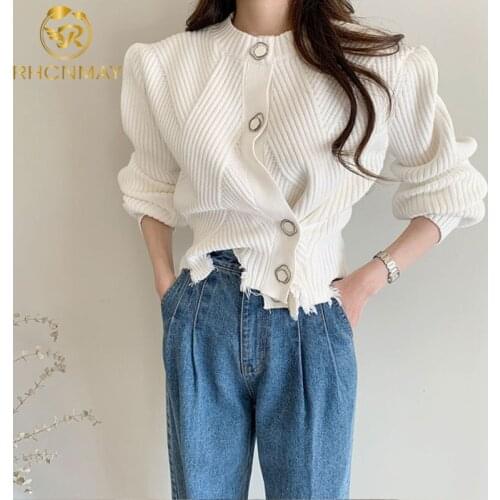 Autumn Winter O-neck Single-breasted Women Knitted Cardigans Fashion Casual Ripped Edge Long Sleeve White Sweaters 2021