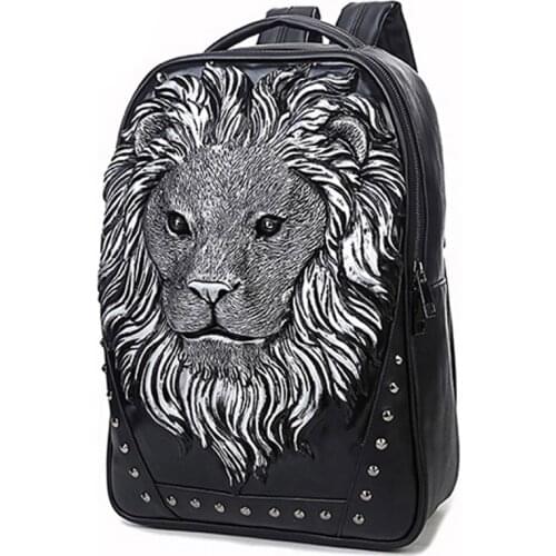 Unisex casual backpack Lion head rivet computer bag 3D animal prints beast Relief bag