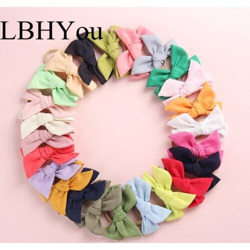 24pcs/lot Handtie Cotton Linen Elastic Nylon Headbands Super Soft Bowknot Nylon Head Bands Newborn Baby Soild Fabric Hair Wraps