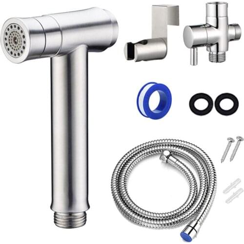 304 Stainless Steel Two function toilet hand bidet faucet bathroom bidet shower sprayer brass T adapter 1.2m hose tank hooked