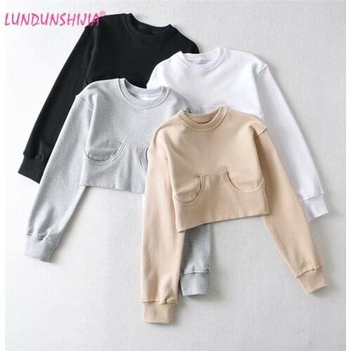 LUNDUNSHIJIA Women Patchwork O-neck Sweatshirts 2021 Spring Autumn Fashion Ladies Short Style Pullovers Top Female Sweatshirt