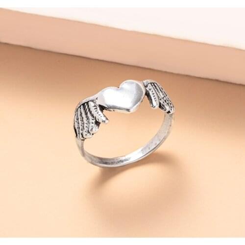 Vintage Punk Women Ring Antique Silver Color Angel Wings Love Heart Engagement Wedding Rings Jewelry Accessories Gift
