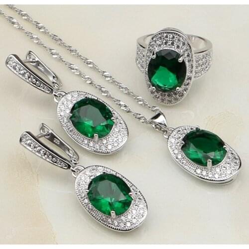 925 Sterling Silver Jewelry Green Zircon White Rhinestone Bridal Jewewlry Sets For Women Wedding Earrings/Pendant/Necklace/Ring