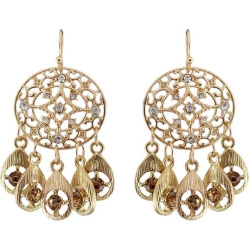 Western exaggerate fashion brand diamante round gold hollow rhinestone tassel long female dangle pendant earrings