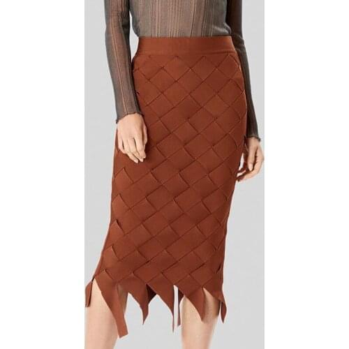 High Street Women Winter Sexy Brown Weave Midi Knee Length Bandage Skirt 2020 Designer Elegant Bodycon Pencil Skirt Faldas