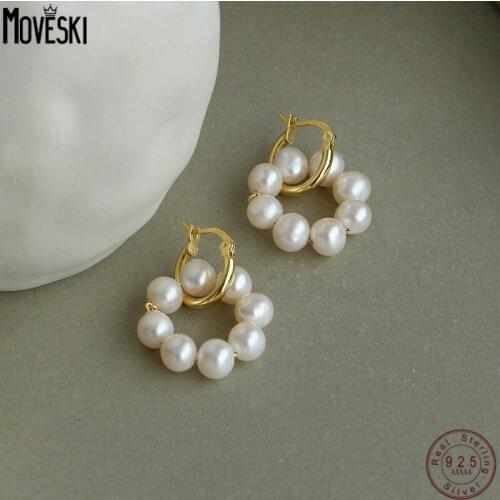 MOVESKI 925 Sterling Silver Korean Retro Fashion Circle Pearl Earrings Women Fine Jewelry Girl Birthday Gift