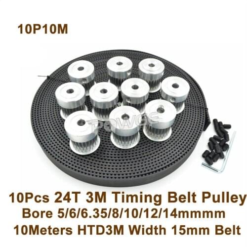 POWGE 10pcs 24 Teeth 3M Timing Pulley Bore 5/6/6.35/8/10/12/14mm + 10meters HTD3M Belt W=15mm 24T 24Teh 3M Timing Belt Pulley
