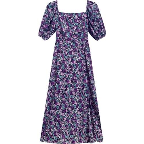 2021Summer Fashion Elegant Print Slit Maxi Dress Women French Romantic Party Vacation Beach Casual Floral puff sleeveDress