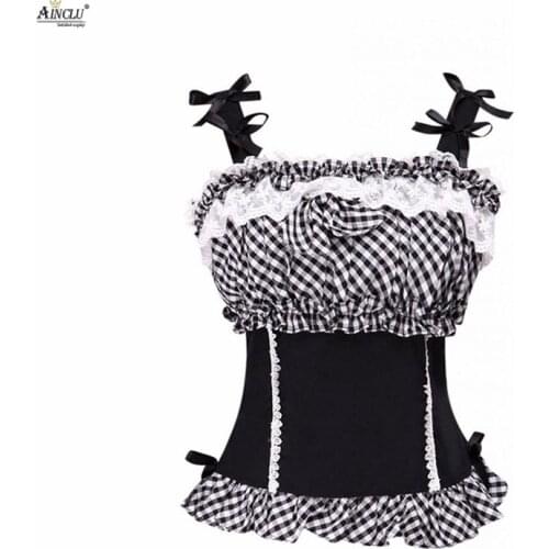 Ainclu High Quality Free Shipping Cemavin Womens Black And White Lace Grid Sleeveless Lolita Cotton Blouse