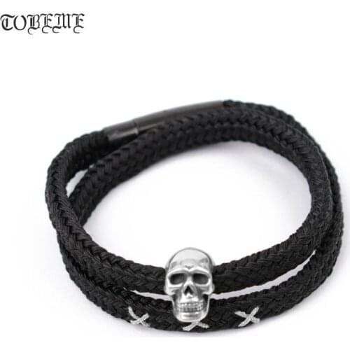 Handmade 999 Silver Skeleton Wrap Bracelet Braided Skull Bracelet Punk Jewelry Man Bracelet