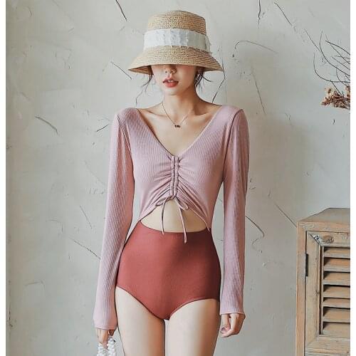 Long Sleeve One Piece Swimsuit Women Solid Swimwear Sexy Hollow Belly Drawstring Lace up Tankini Push Up Swimsuit Bathing Suit