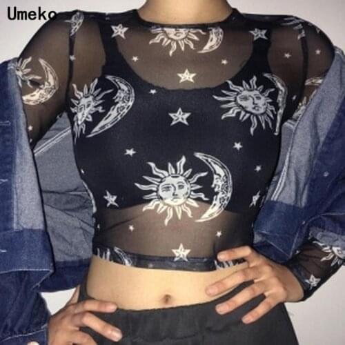 Umeko New Streetwear Gothic Women Shirts T-Shirt Women Clothing Mesh Top Unif Womens Short Sleeve Tops Polyester Plus Size S-5XL