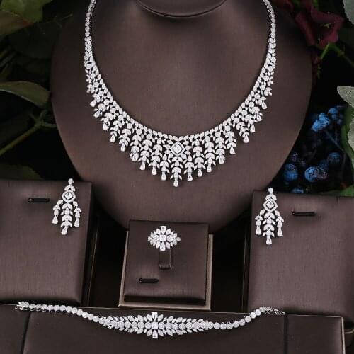 Janekelly 4pcs Bridal Zirconia Full Jewelry Sets For Women Party, Luxury Dubai Nigeria CZ Crystal Wedding necklace sets