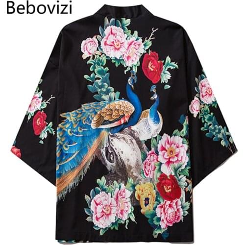 Bebovizi Japanese Style Peacock Flowers Print Kimono Women Cardigan Yukata Streetwear Men Tradition Sexy Girl Clothing 2020