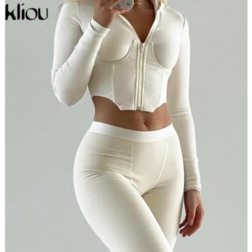 Kliou Hipster Knitted Two Piece Set Women Unique Design Chest Wrap Zipper Hooded Top+Solid Sheath Sporty Acttive Female Pants
