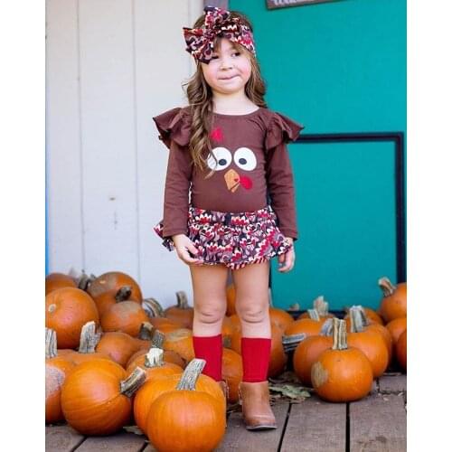 Newborn Baby Girls Clothes Set Infant Ruffles Long Sleeve Cartoon Print T-shirt Tops + Floral Shorts Skirts Thanksgiving Day Set