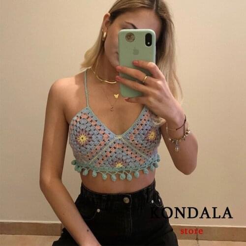 KONDALA Za Vintage Hand Crocheted Cropped Tanks Women Knitted Sexy Stylish Mujer Tops Geometric 2021 Cami Tops