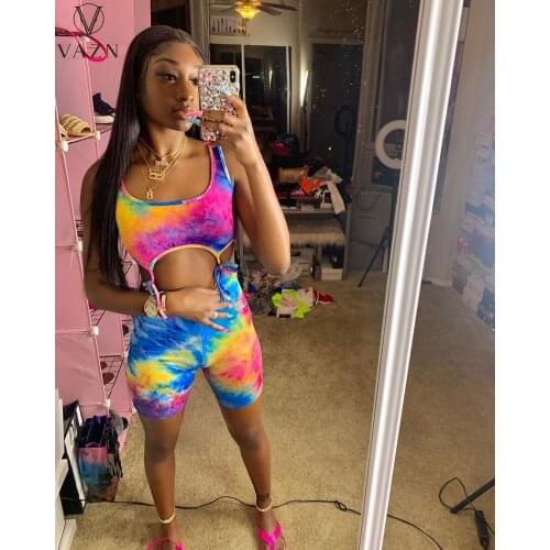 VAZN 2021 Summer New Casual Fashion Street Sexy Print Multi-Color Tie Sleeveless Swimsuit Two-Piece Set