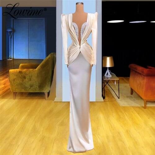 Lowime 2021 Couture Pearls Beading Custom Evening Dress Dubai Long Sleeves Mermaid Satin Party Gowns Vestido Festa Prom Dresses