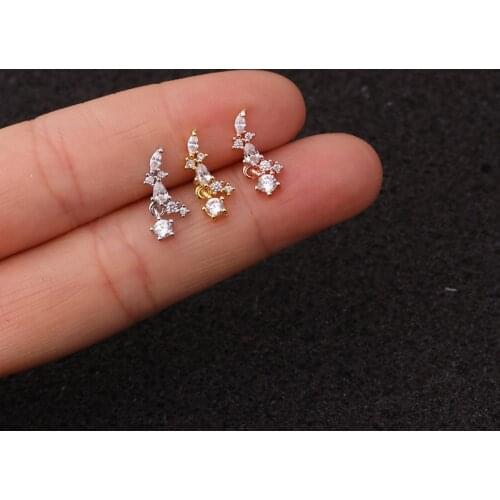 1 PCS Cute Leaf Shape Micro Pave Ziron Piercing Ear Bone Cuff Stud Earring with Pendant Gold Color Stainless Steel Bar Ball Ears