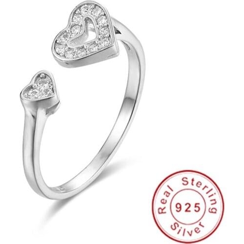 Fashion 100% 925 sterling silver Resizable rings delicalte minimal girl women Christmas gift cute silver open Heart ring Jewelry