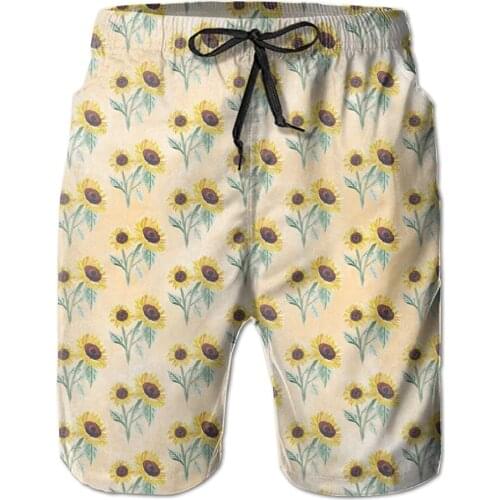 Mens Beach Shorts Swim Trunks Draw Painting Sunflower Board Shorts with Pockets