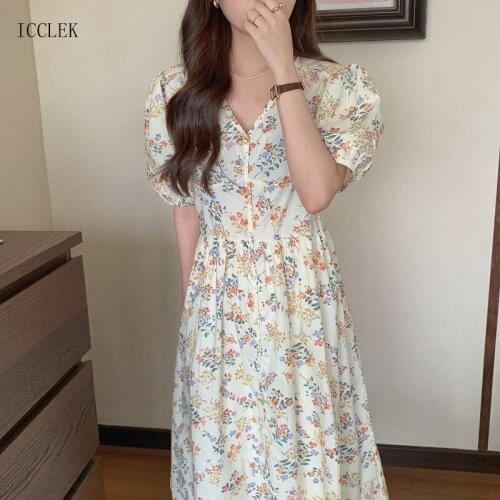 Gentle Sweet V-Neck Loose Lace-Up Floral Puff Sleeve 2021 Summer One-Piece Korean Womens Casual Dress Ladies Office Dresses