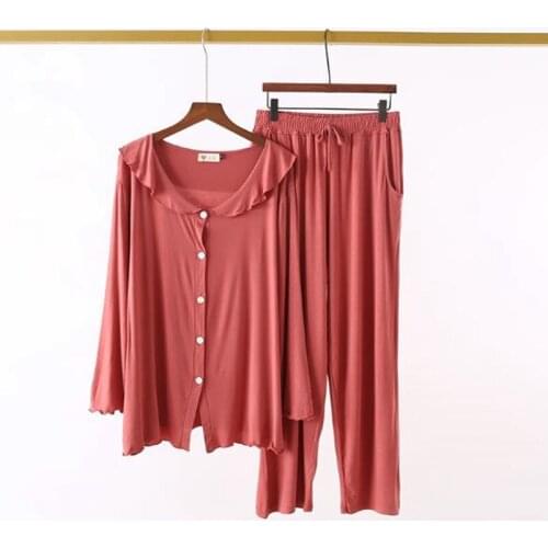 Pijama feminino womens autumn winter pajamas set large size modal lotus leaf lapel cardigan trousers two-piece casual home suit