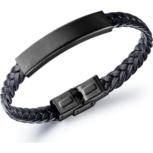 Simple Black Smooth Steel Braided Leather Bracelet Bangle For Men Wristband Cuff Hand Jewelry Gift Dropshipping