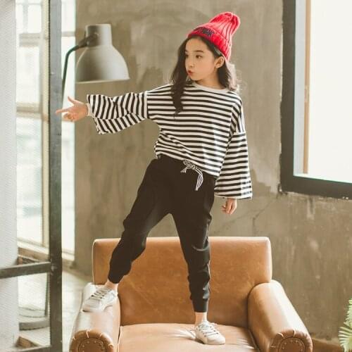 Baby Girl Clothes Set For Girls 4 5 6 7 8 9 10 11 Years 2018 Teenage Girls Fashion Clothing Striped Lantern Sleeve Shirt + Pant