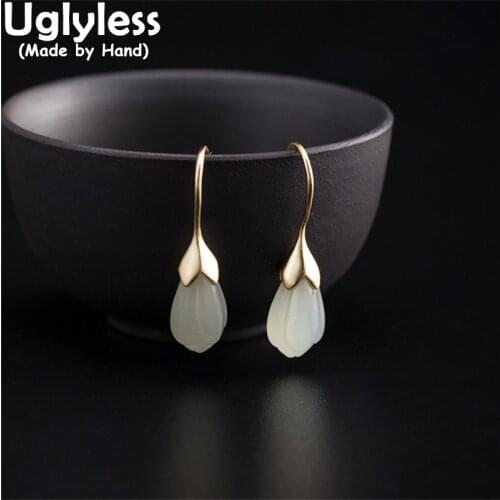 Uglyless Natural Hotan Jade Earrings for Women Elegant Magnolia Flowers Jewelry Gold Brincos 925 Silver Floral Fashion Jewelry