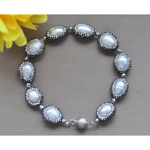 Z10752 8" 15mm White Rice Freshwater Pearl CZ Bracelet