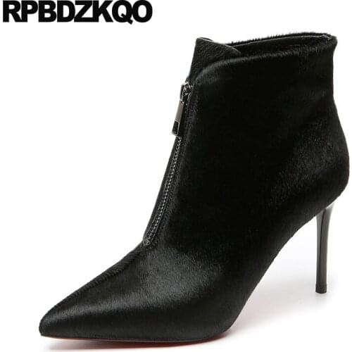 Ladies Front Zipper Boots Horsehair Designer Shoes Women Luxury 2021 Booties Sexy Winter Pointed Toe High Heel Stiletto Ankle