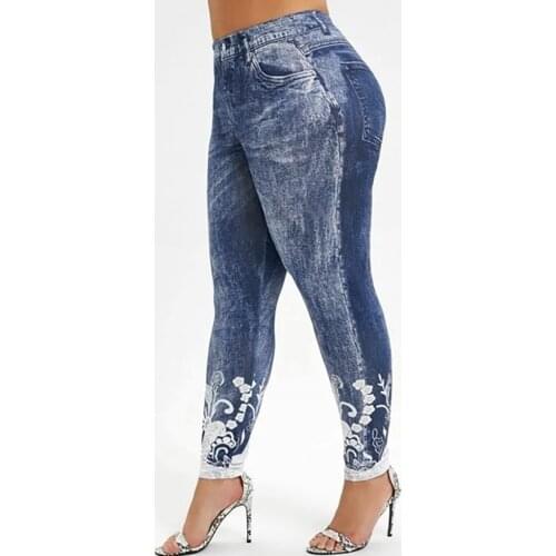 Faux Denim Jeans Womens Leggings Plus Size 5xl Ladies Seamless Floral Print Sexy Full Trousers Oversized Streetwear Jean A20