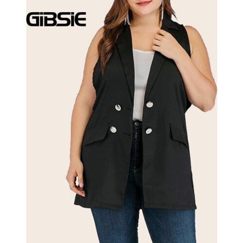 GIBSIE Notched Neck Double Dreasted Long Vest Women Spring Summer Black Sleeveless Jacket Plus Size Office Ladies Waistcoat Vest