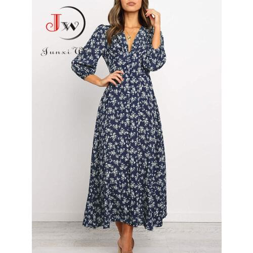 Women Summer Elegant Floral Print Maxi Dress 2021 Boho Three Quarter Sleeve V Neck Casual Office Long Dress Beach Robe Tunic
