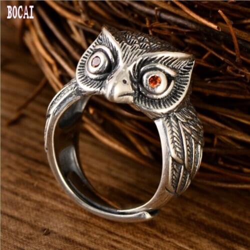 100% Real S925 silver jewelry Thai silver retro owl patron silver ring adjustable ring 2019 womans ring