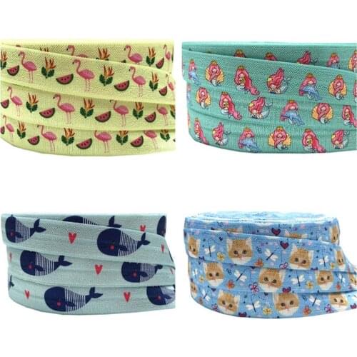 15mm 10yards Flamingo Cat Mermaid print Fold Elastic FOE whale printed headband headwear hairband diy decoration wholesale