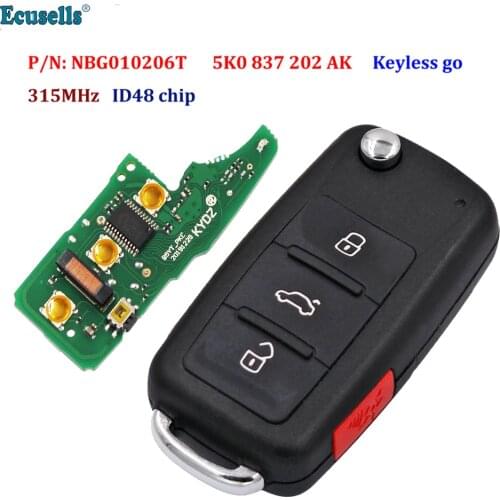 3+1 button Keyless-go Remote Key 315MHz ID48 Chip Fob for Volkswagen 2011-2017 P/N: NBG010206T 5K0 837 202 AK Models with Prox