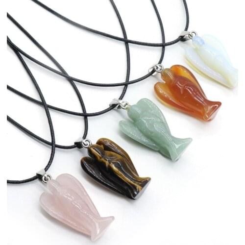 6PCS 35*21mm Guardian Angel Carved Pendant Crystal Agates Natural stone Necklace Healing Meditation Pendulum Jewelry Making