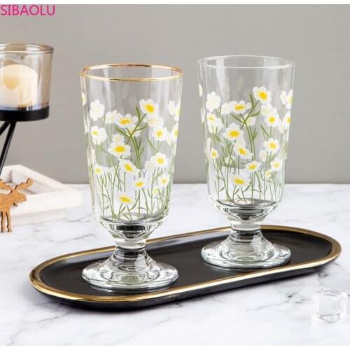 Ins net red gold rim small daisy retro goblet Korean flower tulip glass short red wine water Drinkware Champagne wine