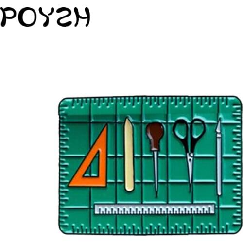 Green rectangle tool kit Enamel Brooch Ruler scissors artist Badge Design graphics Bag jackets Lapel Pin Gifts for friends